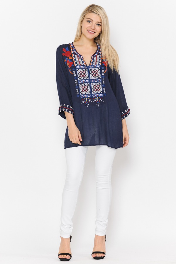 3/4 Sleeves Multi Embroidery Tunic Top - Navy
